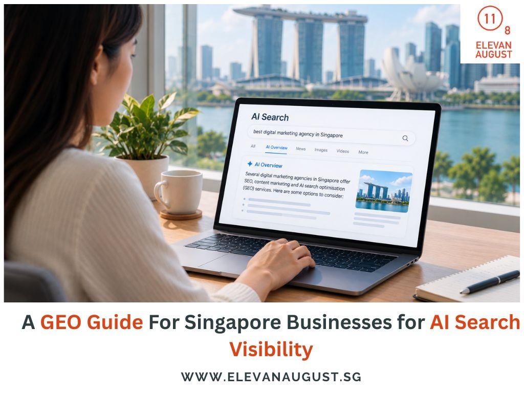 Woman using a laptop to explore AI search visibility and GEO for Singapore businesses.