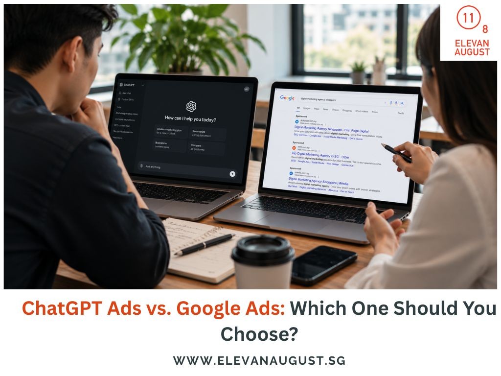 Professionals comparing ChatGPT Ads and Google Ads in Singapore.