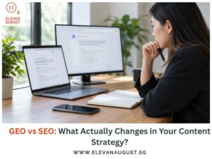 SEO GEO content strategy: Woman reviewing search results and AI-generated answers on a computer.