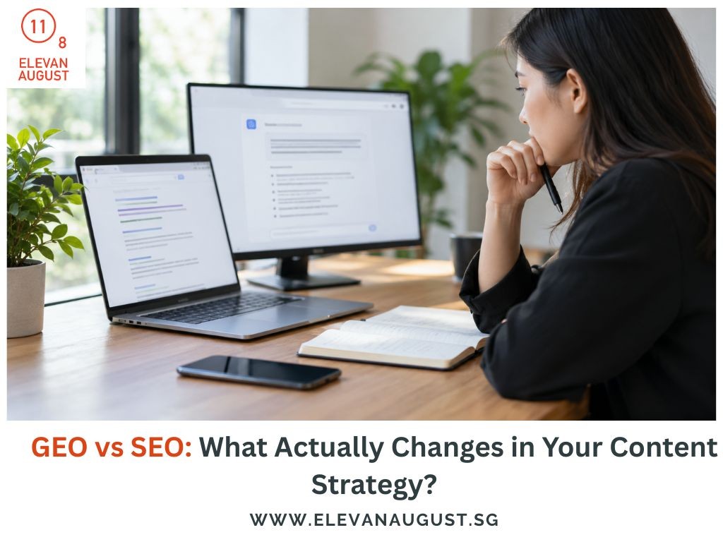 SEO GEO content strategy: Woman reviewing search results and AI-generated answers on a computer.