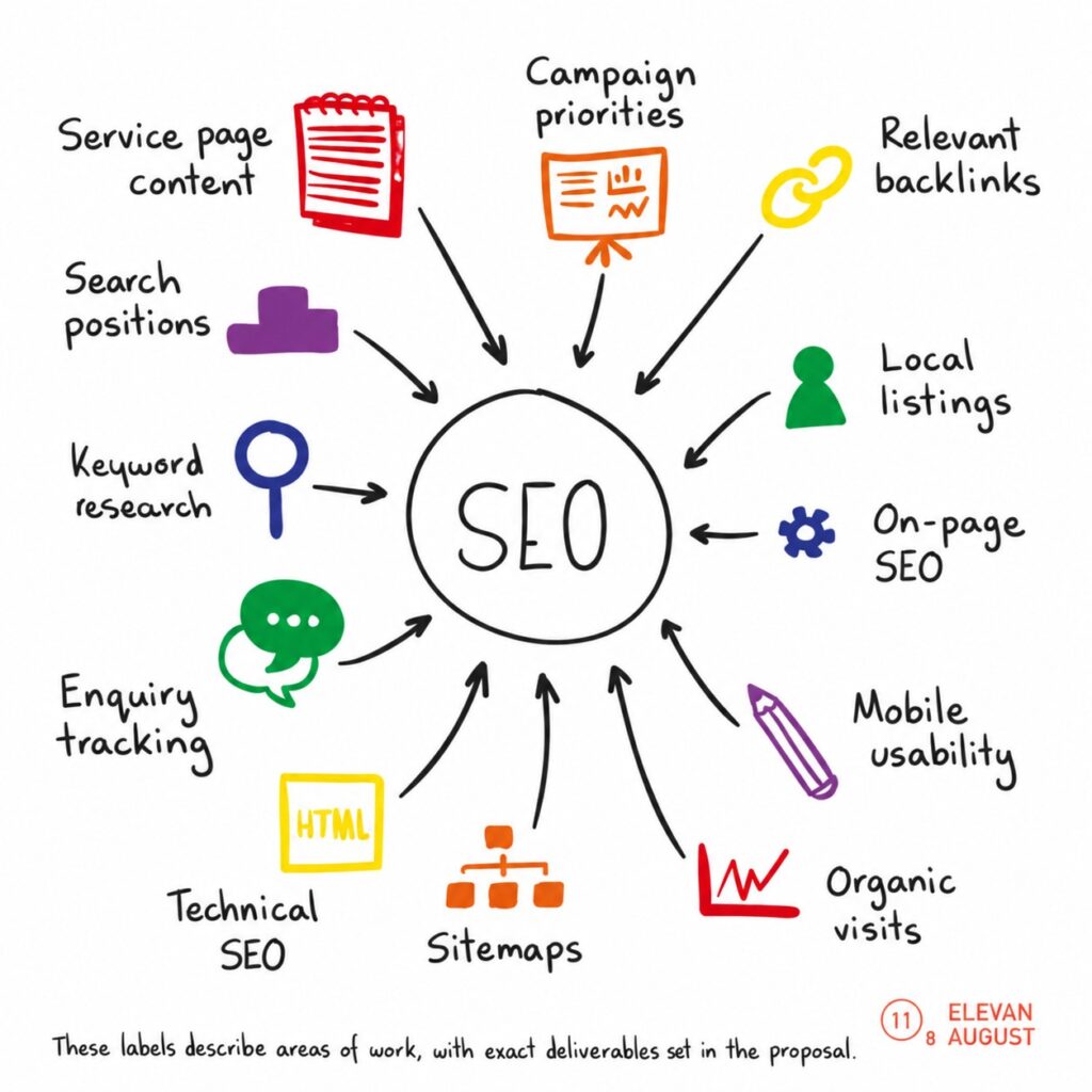 SEO mind map showing key SEO services
